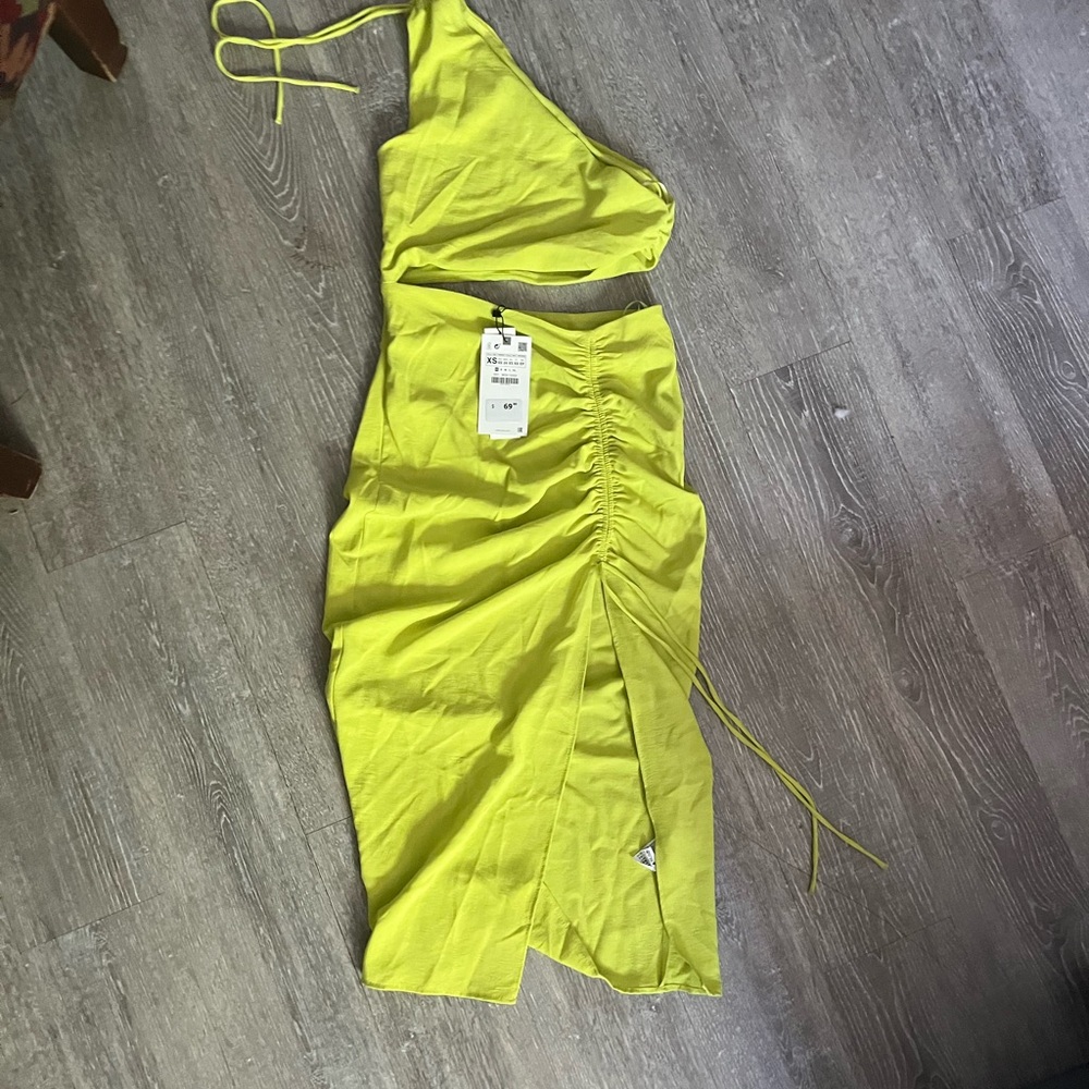 Zara Yellow Ruched One Shoulder Cocktail Dress